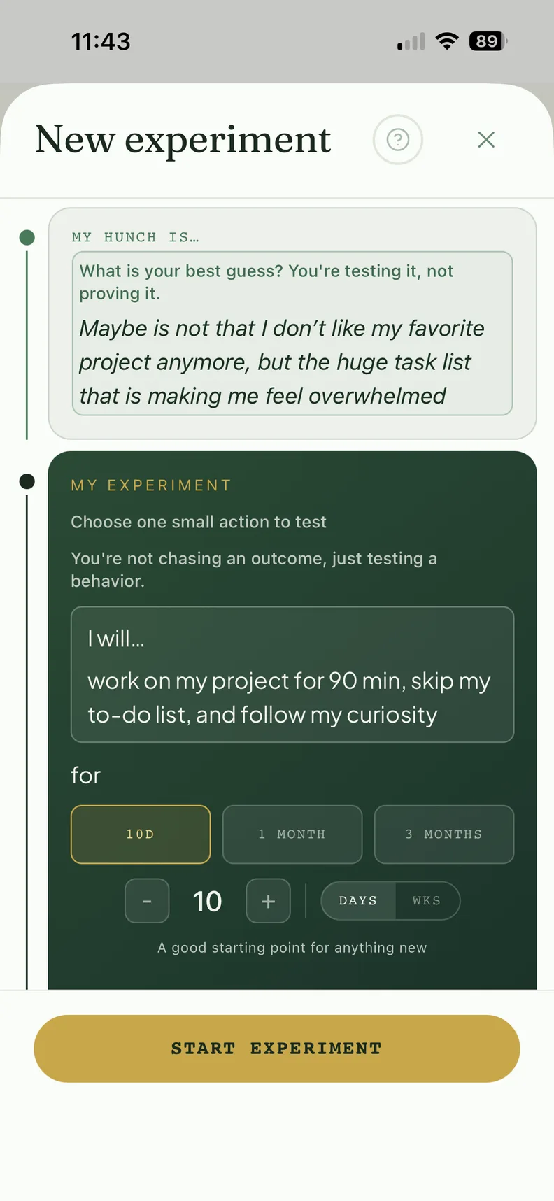 Screenshot of the Muverna app's New Experiment screen, showing the hunch that a huge task list — not lost interest — is causing the overwhelm, and a 10-day experiment to work 90 minutes led by curiosity instead of the to-do list