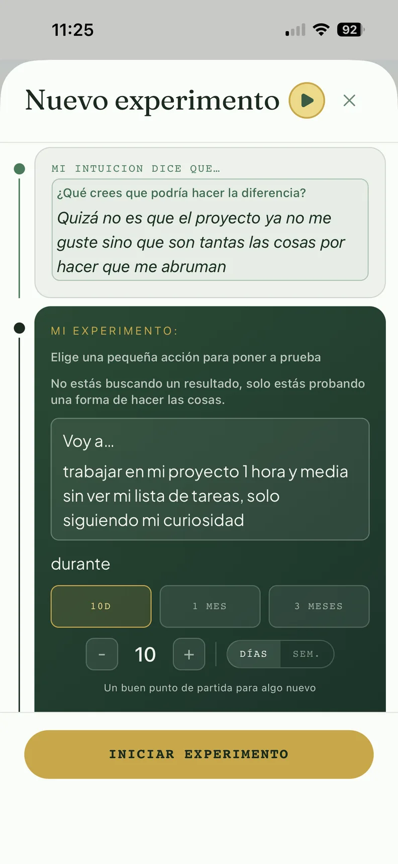 Captura de pantalla de la pantalla Nuevo Experimento de la app Muverna, mostrando la intuición de que no es que el proyecto ya no guste sino que son tantas las cosas por hacer, y un experimento de 10 días para trabajar 1 hora y media siguiendo la curiosidad en lugar de la lista de tareas