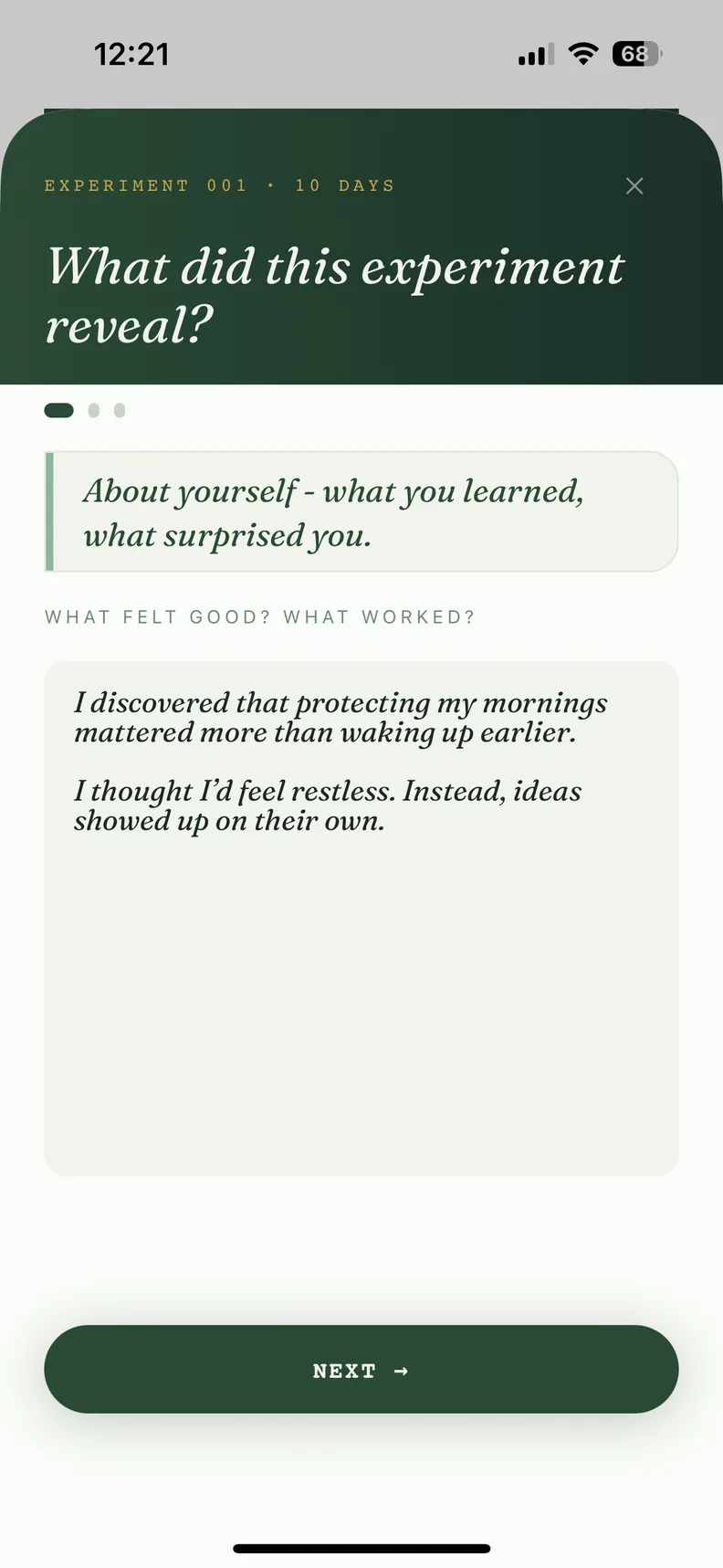 Screenshot of the Muverna app's reveal screen for a completed 10-day experiment, answering what felt good and worked: protecting mornings mattered more than waking up earlier, and ideas showed up on their own